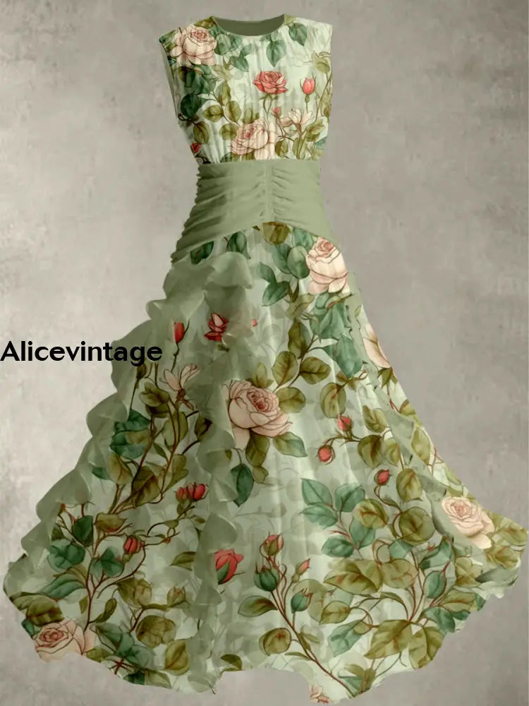 Floral Art Print Vintage Elegant Chic Sleeveless Maxi Dress A / S