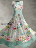 Floral Art Print Vintage Elegant Double Layer Sleeveless Maxi Dress A / S