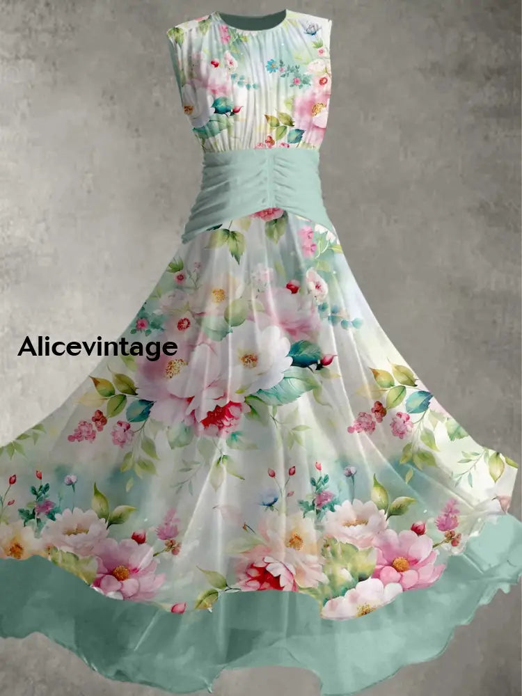 Floral Art Print Vintage Elegant Double Layer Sleeveless Maxi Dress A / S