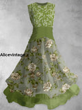 Floral Art Print Vintage Elegant Double Layer Sleeveless Maxi Dress A / S