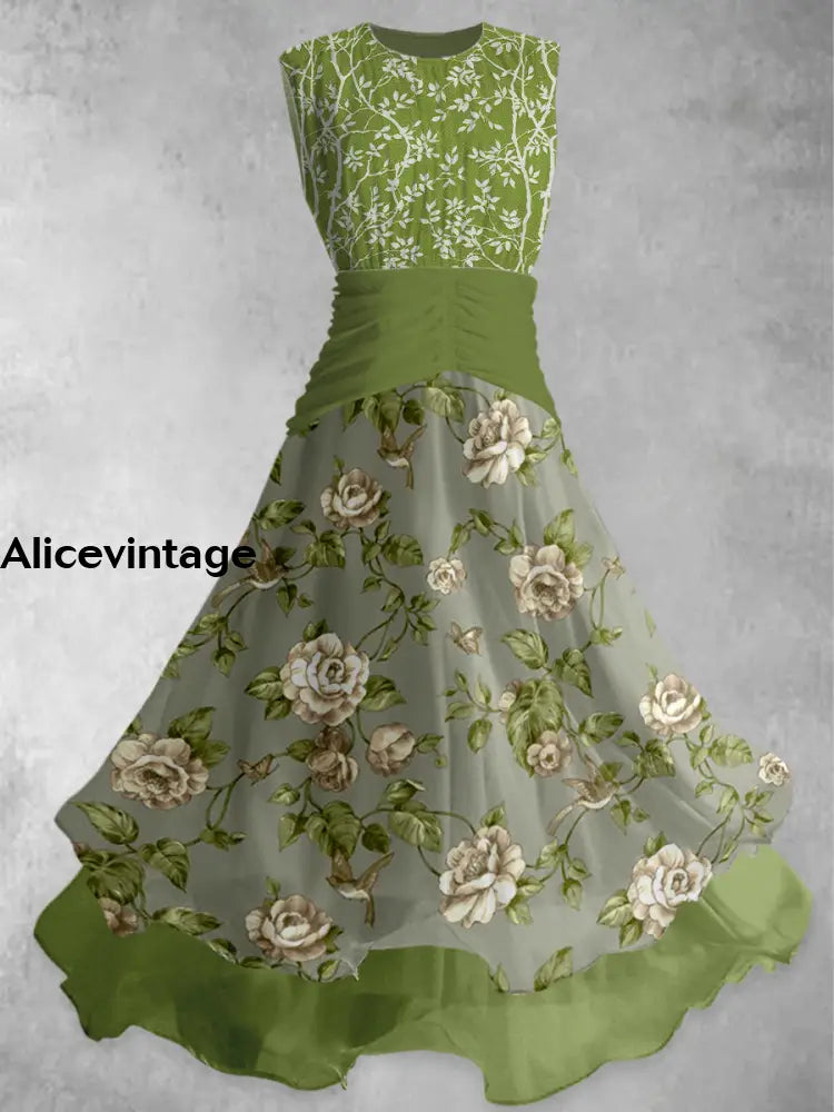 Floral Art Print Vintage Elegant Double Layer Sleeveless Maxi Dress A / S