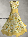 Floral Art Print Vintage Elegant Double Layer Sleeveless Maxi Dress A / S