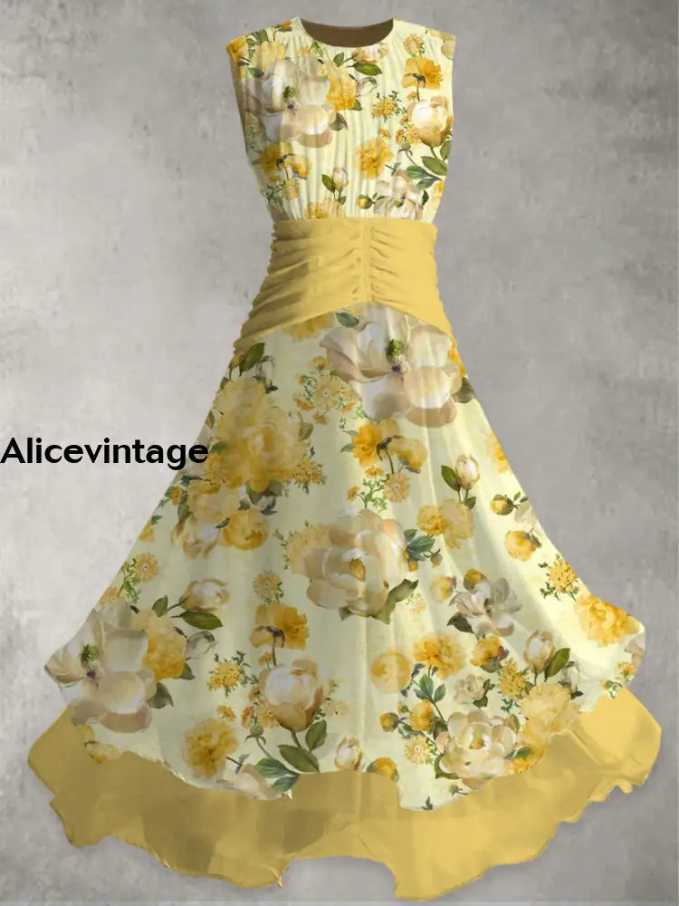 Floral Art Print Vintage Elegant Double Layer Sleeveless Maxi Dress A / S