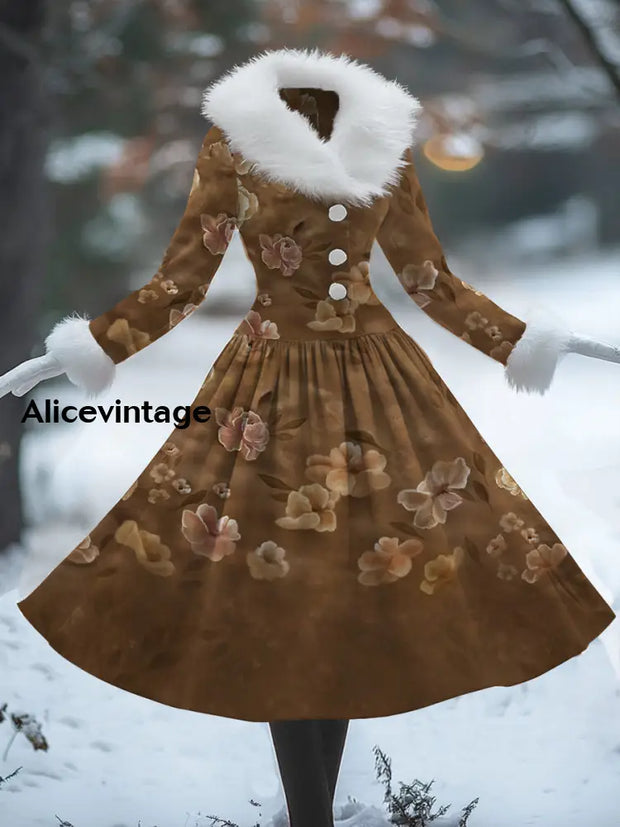 Floral Art Print Vintage Elegant Fur Collar Long Sleeve Midi Dress A / S