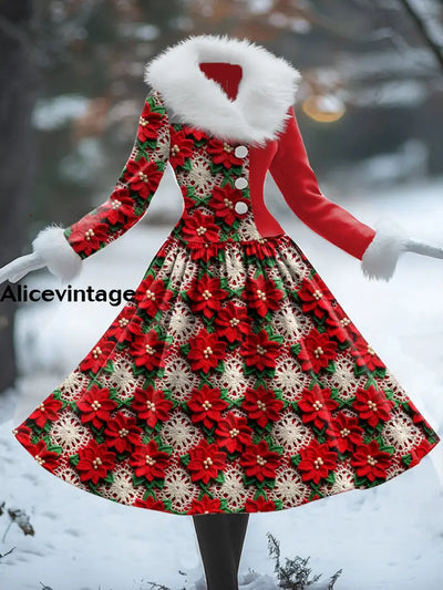 Floral Art Print Vintage Elegant Fur Collar Long Sleeve Midi Dress A / S