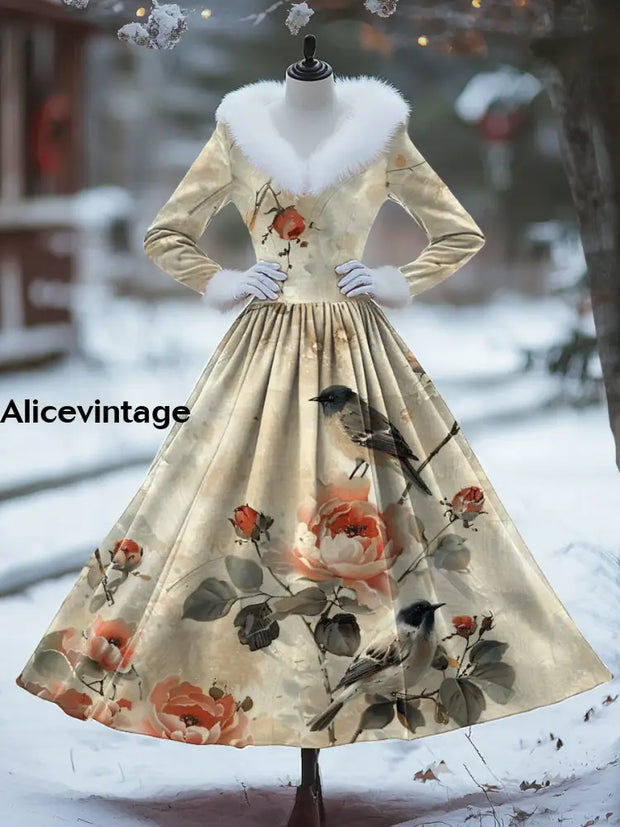 Floral Art Print Vintage Elegant Fur Collar Long Sleeve Midi Dress A / S