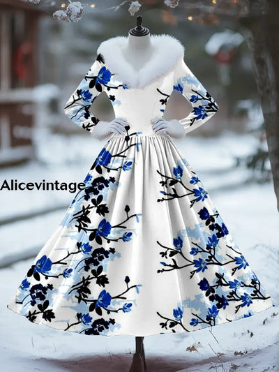 Floral Art Print Vintage Elegant Fur Collar Long Sleeve Midi Dress A / S