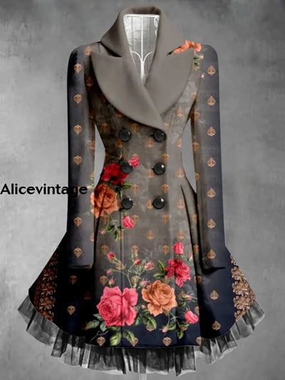 Floral Art Print Vintage Elegant Lapel V-Neck Button Up Long Sleeve Coat Dress