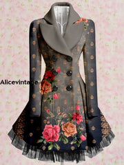 Floral Art Print Vintage Elegant Lapel V-Neck Button Up Long Sleeve Coat Dress