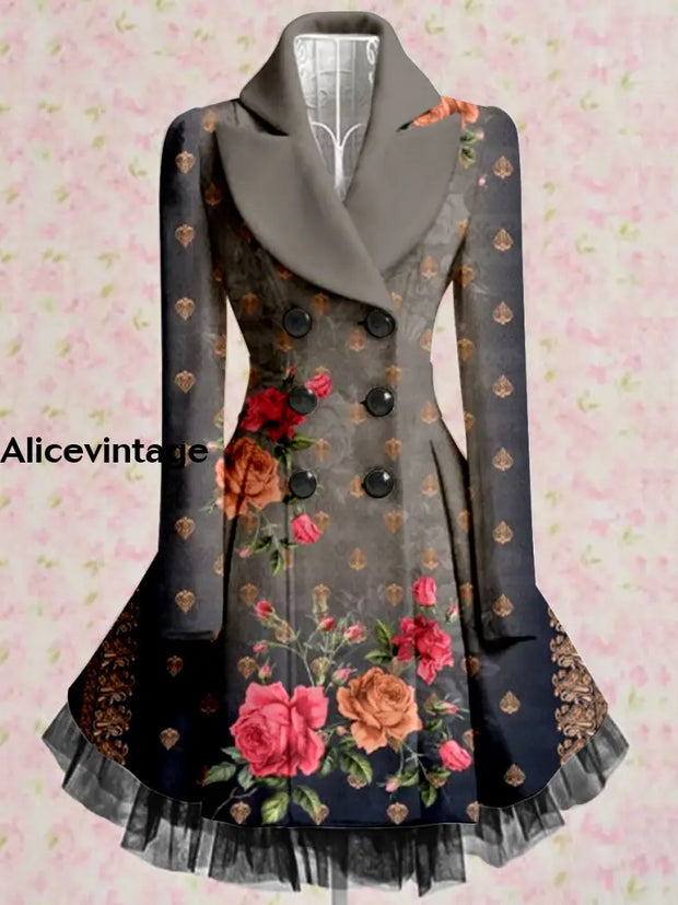 Floral Art Print Vintage Elegant Lapel V-Neck Button Up Long Sleeve Coat Dress