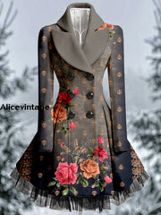 Floral Art Print Vintage Elegant Lapel V-Neck Button Up Long Sleeve Coat Dress A / S