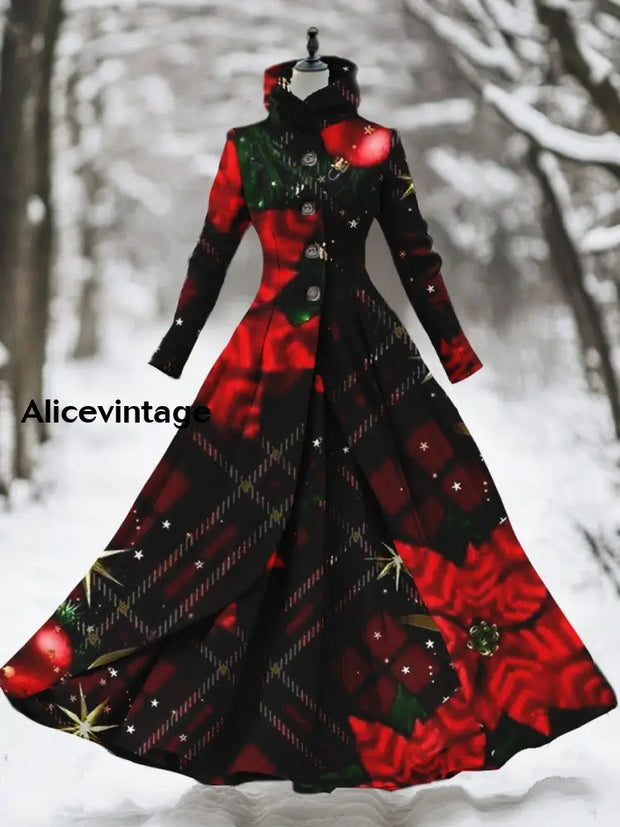 Floral Art Print Vintage Elegant Long Sleeve Fake Two Piece Maxi Dress A / S