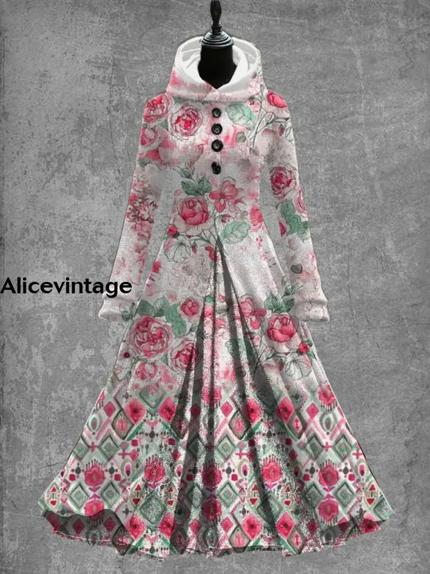 Floral Art Print Vintage Elegant Long Sleeve Maxi Dress