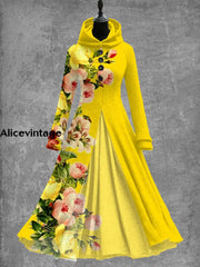 Floral Art Print Vintage Elegant Long Sleeve Maxi Dress