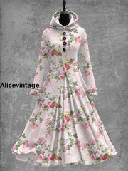 Floral Art Print Vintage Elegant Long Sleeve Maxi Dress