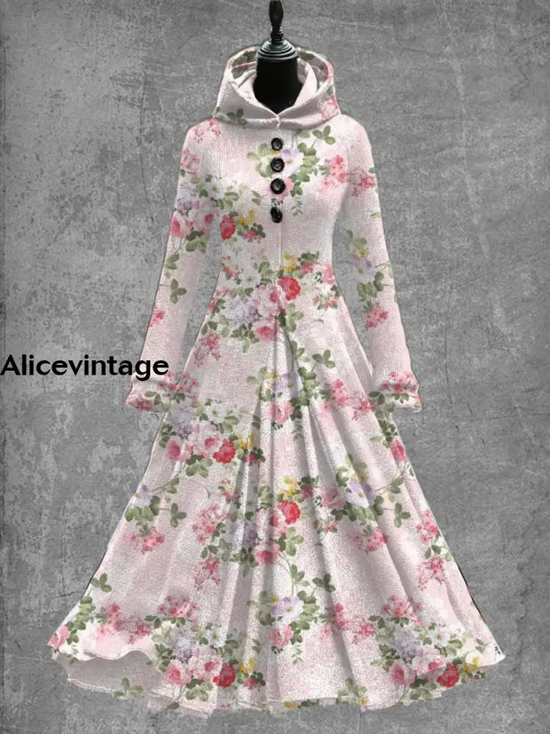 Floral Art Print Vintage Elegant Long Sleeve Maxi Dress