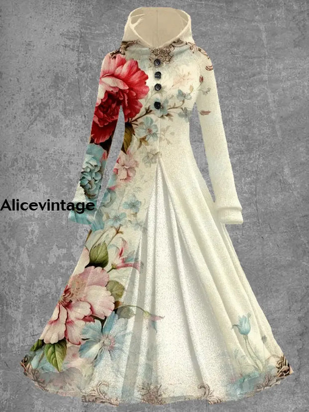 Floral Art Print Vintage Elegant Long Sleeve Maxi Dress