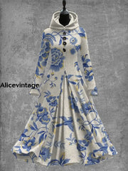 Floral Art Print Vintage Elegant Long Sleeve Maxi Dress