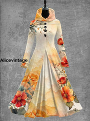 Floral Art Print Vintage Elegant Long Sleeve Maxi Dress