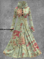 Floral Art Print Vintage Elegant Long Sleeve Maxi Dress