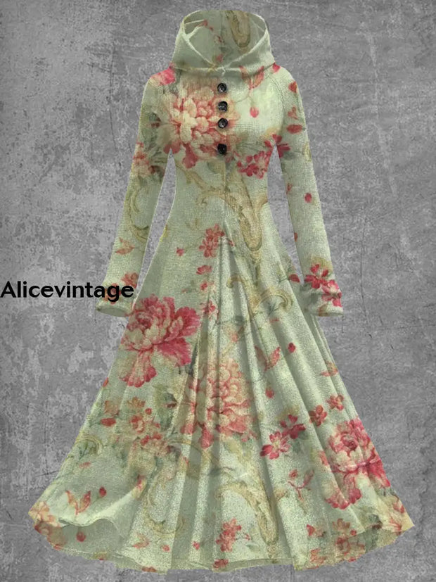 Floral Art Print Vintage Elegant Long Sleeve Maxi Dress