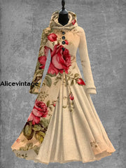 Floral Art Print Vintage Elegant Long Sleeve Maxi Dress