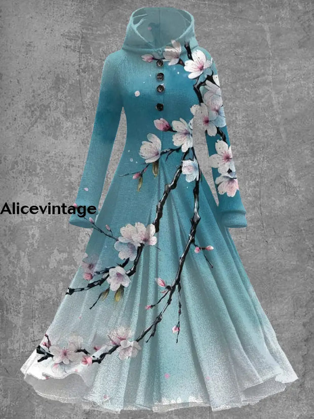 Floral Art Print Vintage Elegant Long Sleeve Maxi Dress