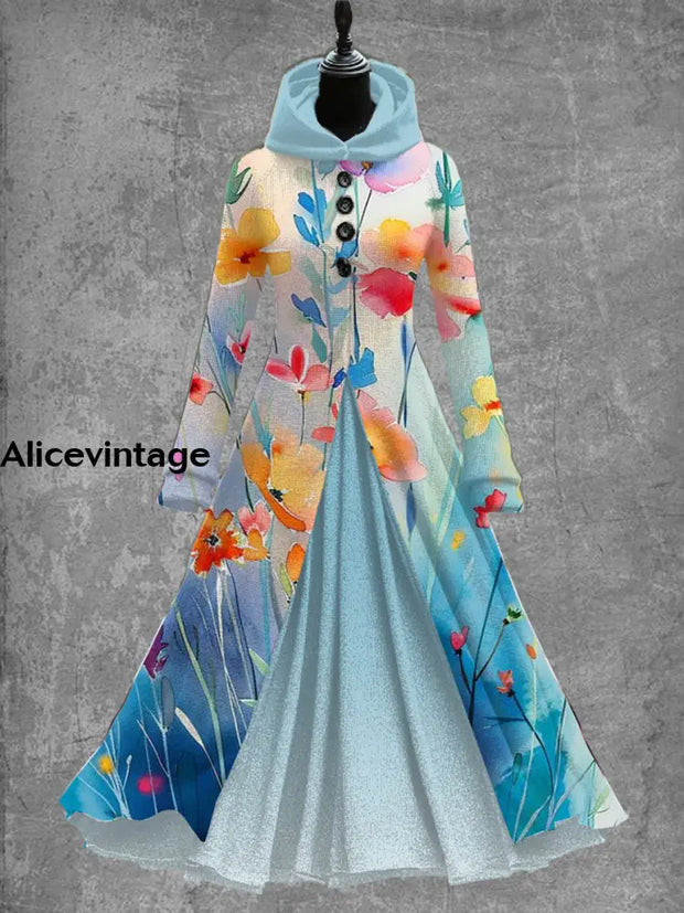 Floral Art Print Vintage Elegant Long Sleeve Maxi Dress