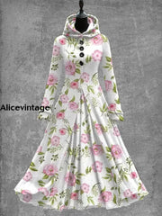 Floral Art Print Vintage Elegant Long Sleeve Maxi Dress