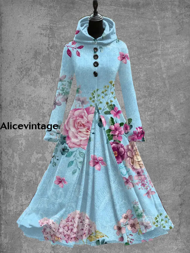 Floral Art Print Vintage Elegant Long Sleeve Maxi Dress