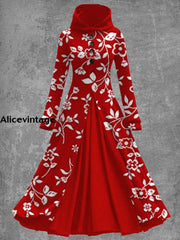 Floral Art Print Vintage Elegant Long Sleeve Maxi Dress