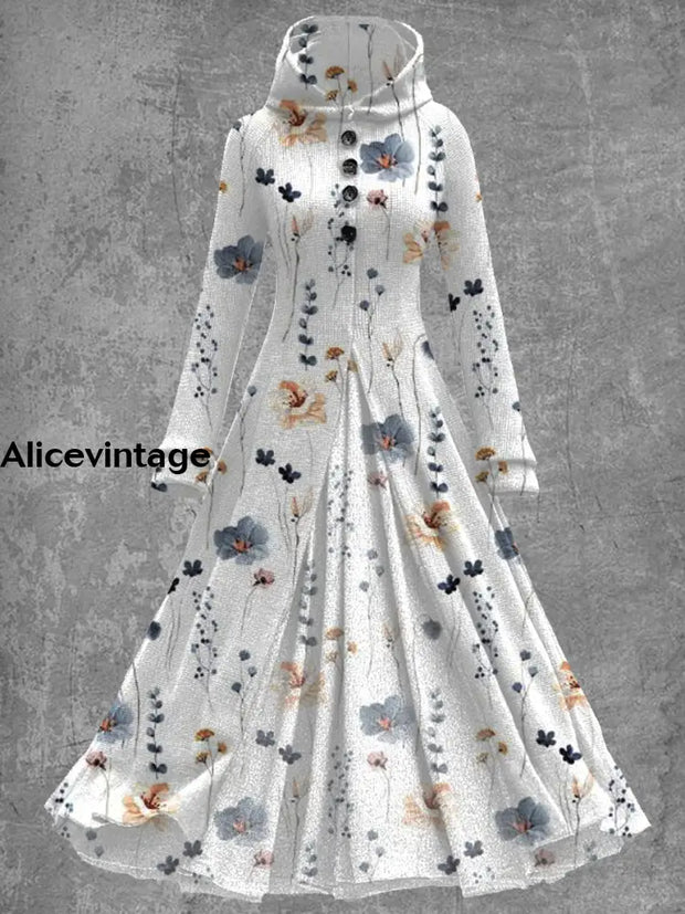 Floral Art Print Vintage Elegant Long Sleeve Maxi Dress