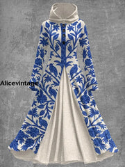 Floral Art Print Vintage Elegant Long Sleeve Maxi Dress