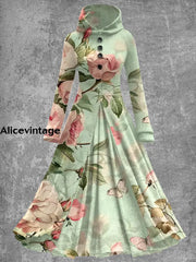 Floral Art Print Vintage Elegant Long Sleeve Maxi Dress