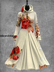 Floral Art Print Vintage Elegant Long Sleeve Maxi Dress