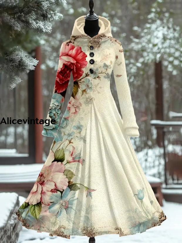 Floral Art Print Vintage Elegant Long Sleeve Maxi Dress A / S