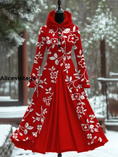 Floral Art Print Vintage Elegant Long Sleeve Maxi Dress A / S