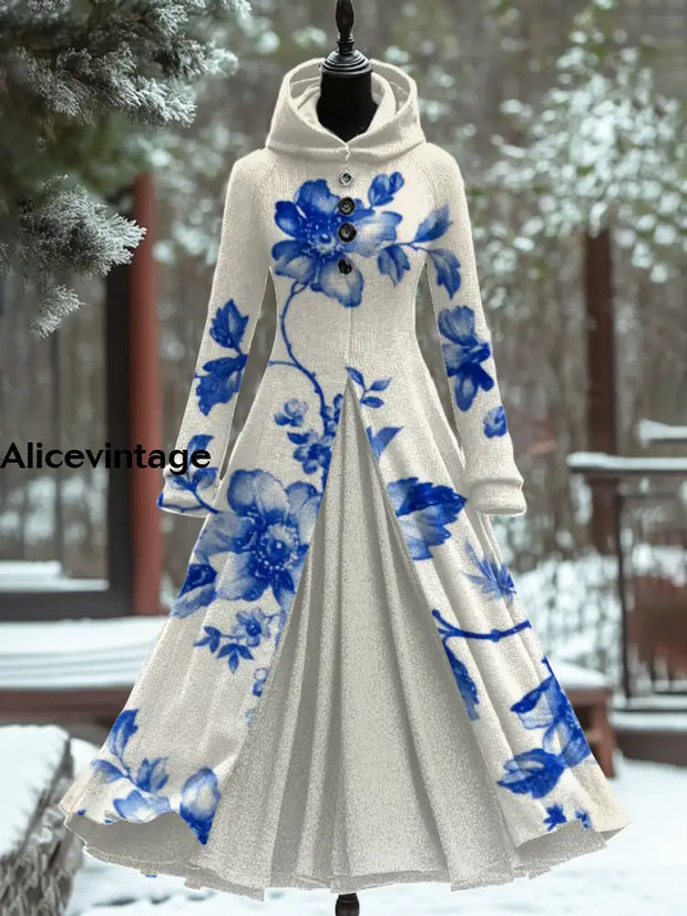 Floral Art Print Vintage Elegant Long Sleeve Maxi Dress A / S