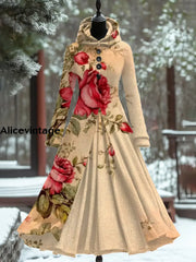 Floral Art Print Vintage Elegant Long Sleeve Maxi Dress A / S