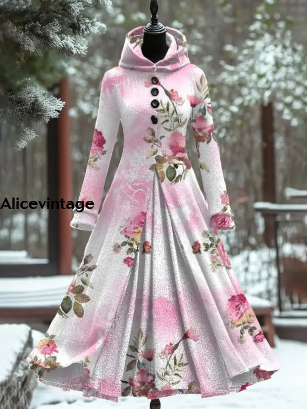 Floral Art Print Vintage Elegant Long Sleeve Maxi Dress A / S