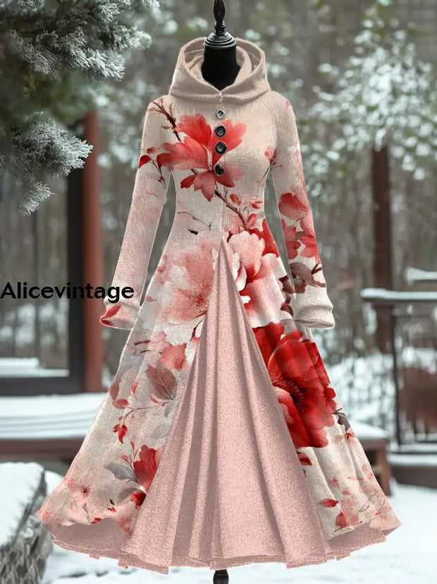 Floral Art Print Vintage Elegant Long Sleeve Maxi Dress A / S