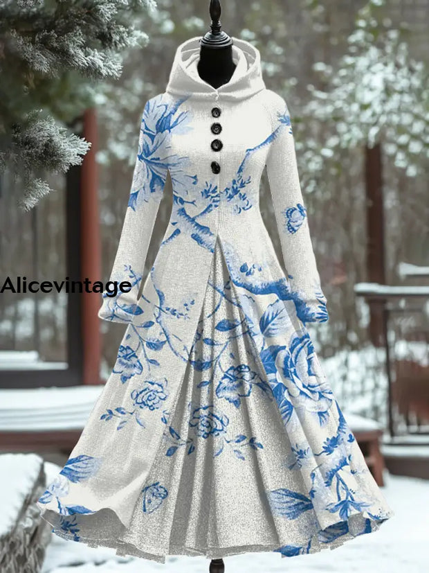 Floral Art Print Vintage Elegant Long Sleeve Maxi Dress A / S