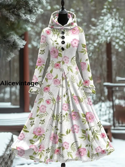 Floral Art Print Vintage Elegant Long Sleeve Maxi Dress A / S