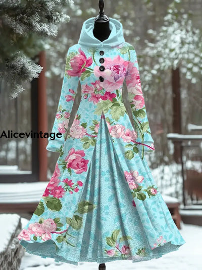 Floral Art Print Vintage Elegant Long Sleeve Maxi Dress A / S