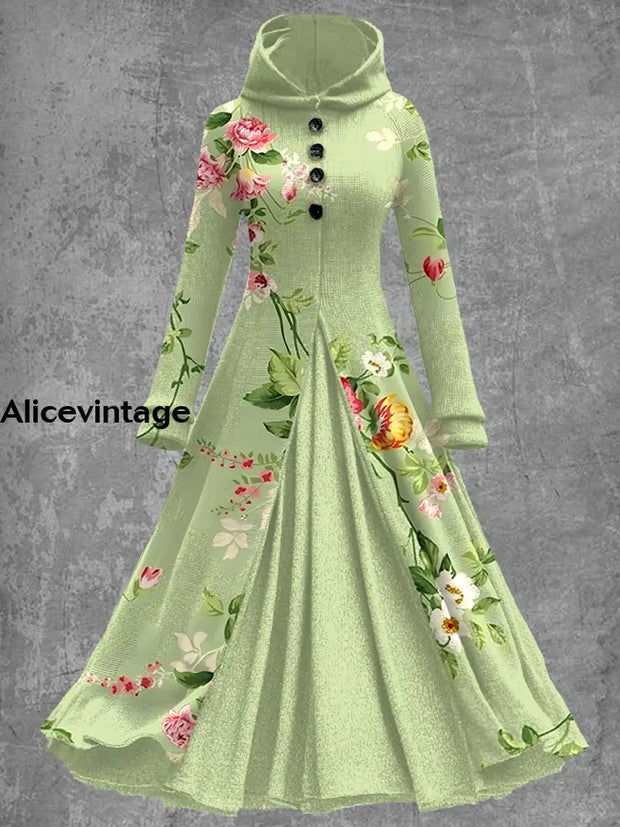 Floral Art Print Vintage Elegant Long Sleeve Maxi Dress A / S