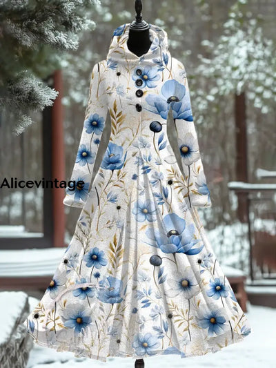 Floral Art Print Vintage Elegant Long Sleeve Maxi Dress A / S