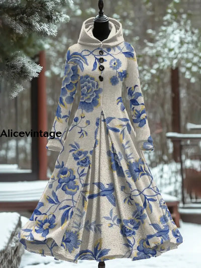 Floral Art Print Vintage Elegant Long Sleeve Maxi Dress A / S