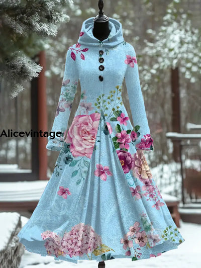 Floral Art Print Vintage Elegant Long Sleeve Maxi Dress A / S