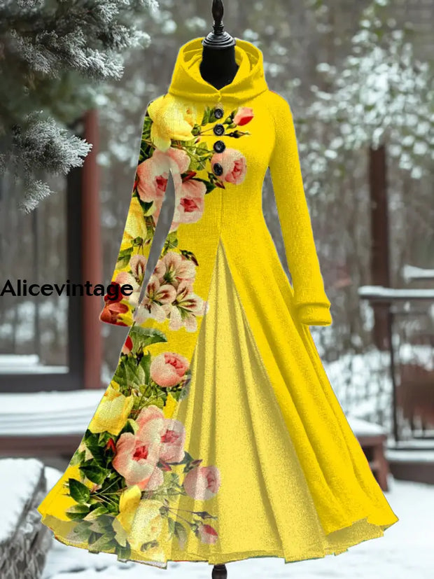 Floral Art Print Vintage Elegant Long Sleeve Maxi Dress A / S