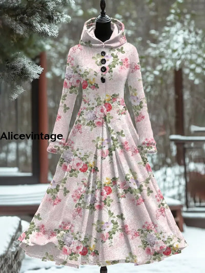 Floral Art Print Vintage Elegant Long Sleeve Maxi Dress A / S